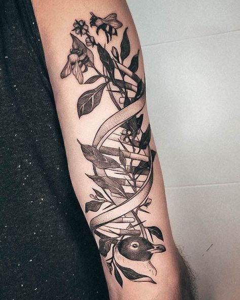 Biology Tattoo, Tatto Sleeve, Dna Tattoo, Forearm Sleeve, Bee Tattoo, Forearm Tattoos, Sleeves (women), Biology, Flower Tattoo