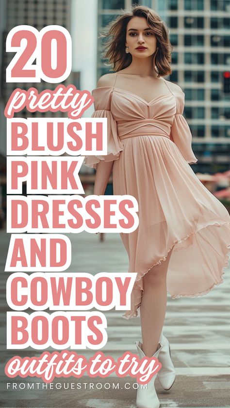 a woman wears blush pink dress and cowboy boots, western outfits Pink Dress Cowboy Boots Outfit, Light Pink Cowboy Boots Outfit, Pink Dress With Cowboy Boots, Dress With Cowboy Boots Outfit, Pink Dress With Boots, Western Outfits Women Country, Outfits With Cowboy Boots For Women, Dresses And Cowboy Boots, Classy Cowgirl Outfits