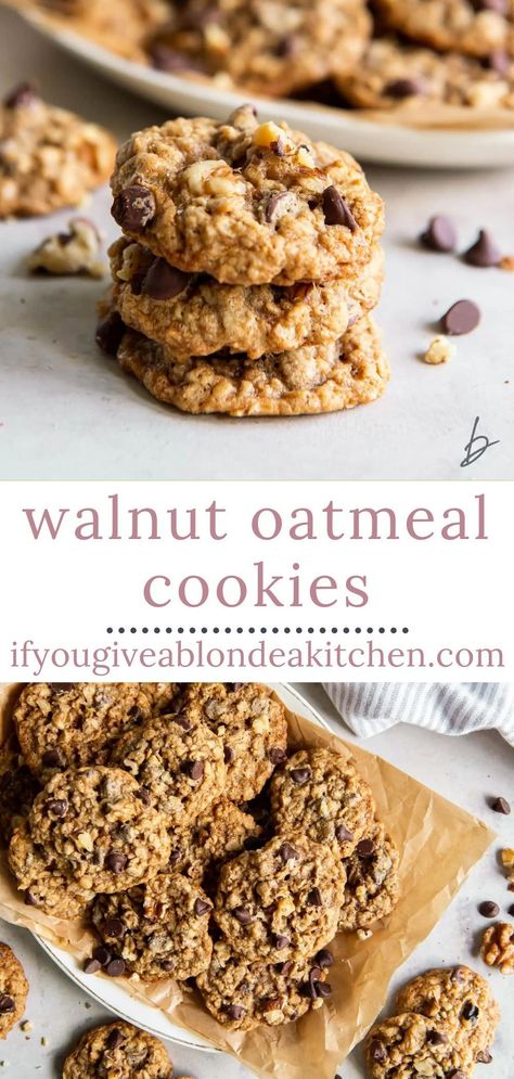 Between the oats, walnuts and chocolate chips, the texture in these easy walnut oatmeal cookies is hard to beat! Each bite is chewy, crunchy and flavorful. Chewy Chocolate Chip Walnut Cookies, Oatmeal Chocolate Walnut Cookies, Chocolate Chip Walnut Oatmeal Cookies, Easy Walnut Cookies, Oatmeal Chocolate Chip Walnut Cookies, Oatmeal Walnut Chocolate Chip Cookies, Walnut Desserts, Crunchy Oatmeal Cookies, Oatmeal Walnut Cookies