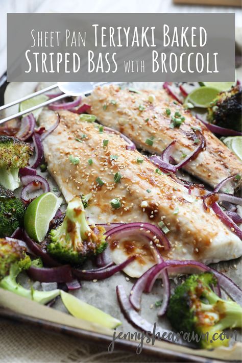 Sheet Pan Teriyaki Baked Striped Bass & Broccoli | Jenny Shea Rawn Striped Bass Recipe, Bass Recipes, Cape Cod Kitchen, Haddock Recipes, Chowder Recipes Seafood, Crusted Tilapia, Trout Recipes, Tilapia Recipes, Homemade Teriyaki Sauce