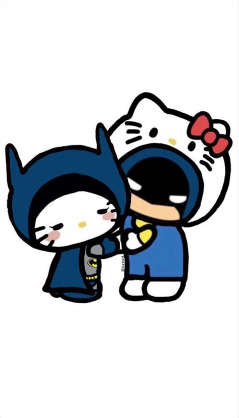 Hello Kitty And Batman Painting, Batman And Hello Kitty Drawing, Batman And Hello Kitty Wallpaper, Hello Kitty And Batman Couple, Batman Gifts For Boyfriend, Cartoon In Love, Batman Couple, Drawing Ideas For Boyfriend, Batman And Hello Kitty