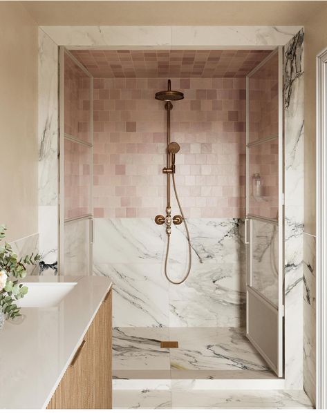 Pop Princess Aesthetic, Pink Marble Tile, Spa Inspired Bathroom, Pop Princess, Matte Porcelain Tile, Bathroom Color Schemes, Matte Ceramic, Zellige Tile, Pink Bathroom