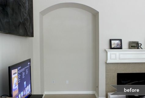 A Perfect Solution for an Empty Alcove - GoodHousekeeping.com What To Do With Nook In Wall, Alcove Next To Fireplace, Nook Next To Fireplace, Living Room Nook Ideas, Tv Nook Makeover, Nook Makeover, Tv Nook, Living Room Nook, Wood Plank Walls