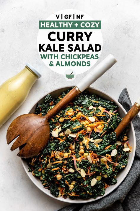 This Curry Kale Salad is hearty, wholesome, and packed with flavor - making it a great side or main! Vegan, Grain Free, and Nut Free #kalesalad #currysalad #vegansalad #grainfree #oilfree | frommybowl.com Simple Soups, Kale Salads, Salad With Chickpeas, Pantry Meals, Quick Pickled Red Onions, Kale Quinoa Salad, Brassica Oleracea, Paleo Sides, Vegan Salads