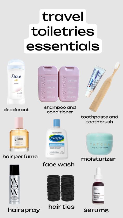 packing travel essentials travel mini toiletries #travel #travelaesthetic #toiletries #packing #aesthetic #cute Schoolbag Essentials, Toiletries Packing List, Mini Toiletries, Toiletries Packing, Carry On Toiletries, Packing Aesthetic, Airport Essentials, Summer Bag Essentials, Bahamas Outfit