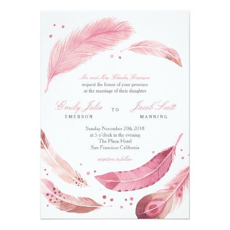 Pink Feather Wedding Invitation Pink Feather Wallpaper, Feather Invitation Design, Pink Feather Baby Shower, Pink Ribbon Feather, Pastel Feathers, Feather Invitation, Feather Wedding Decorations, Feather Background, Invitation Design Template