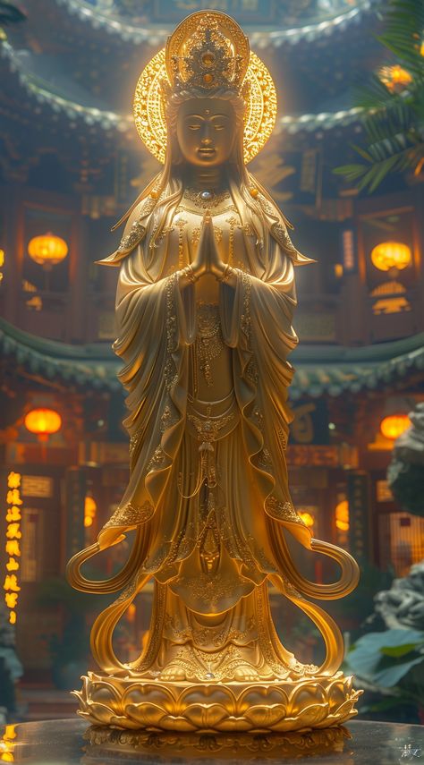 Golden Statue of the Goddess in Traditional Chinese Artwork Style Chinese Spirituality, Chinese Goddess, Temple Interior, Buddha Background, Lotus Artwork, Golden Statue, Lotus Temple, Inspirational Digital Art, Lucky Wallpaper