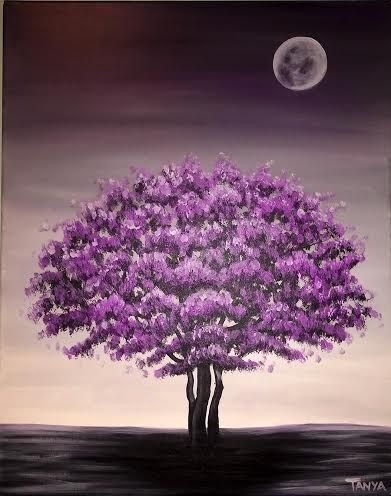 Portland Activities, Painting And Wine, Night Paintings, Simple Paintings, Summer List, Cherry Blossom Painting, Paintings Ideas, Purple Tree, Guided Art