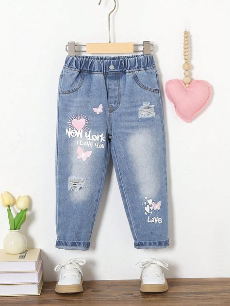 Light Wash  Collar  Denim Cartoon,Geometric,Letter Tapered/Carrot Embellished Non-Stretch  Young Girls Clothing Denim Jeans Ideas, Graphic Jeans, Kids Denim Jeans, Jeans Ideas, Kids Denim, Girls Denim, Dresses Kids Girl, Girls Jeans, Girls Clothing