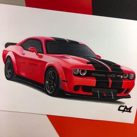 Dodge Challenger Painting, Dodge Sketch, Super Car Drawing, Dodge Challenger Drawing, Hellcat Drawing, Challenger Drawing, Car Painting Ideas, Dodge Art, Dodge Hellcat