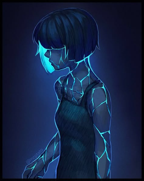 Elyn: A shy person, they live underground and cultivate mushrooms and bioluminescent plants. They fear the surface dwellers, because up there they're seen as a freak. A Drawing, Deviantart, Hair, Blue, Black, Art