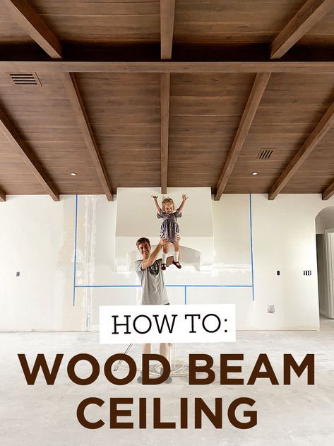 DIY Wood Beam Ceiling Tutorial - Jenna Sue Design Blog Laminate Wood Ceiling, Natural Wood Ceiling Living Room, Vaulted Ceiling Beams, Vaulted Ceiling Ideas, Diy Remodeling, Wood Plank Ceiling, Beam Ceiling, Jenna Sue Design, Plank Ceiling