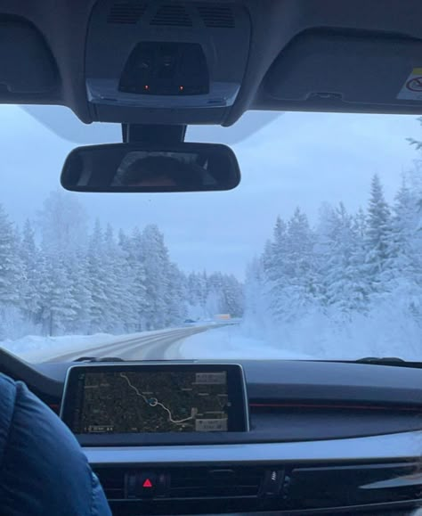 Norway Snow Aesthetic, Car Snow Aesthetic, Winter Car Aesthetic, Minnesota Winter Aesthetic, Winter In Montana, Montana Winter Aesthetic, Winter Road Trip Aesthetic, Norway Winter Aesthetic, Winter Trip Aesthetic