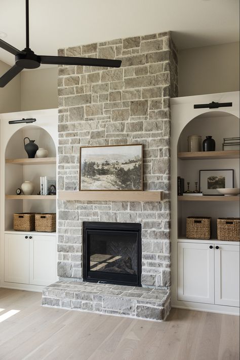 Contrasting Kitchen Island, Brick Fireplace Wall, Lantern House, Stone Fireplace Wall, House Fireplace, Stacked Stone Fireplaces, Fireplace Stone, Dark Trim, Ice House