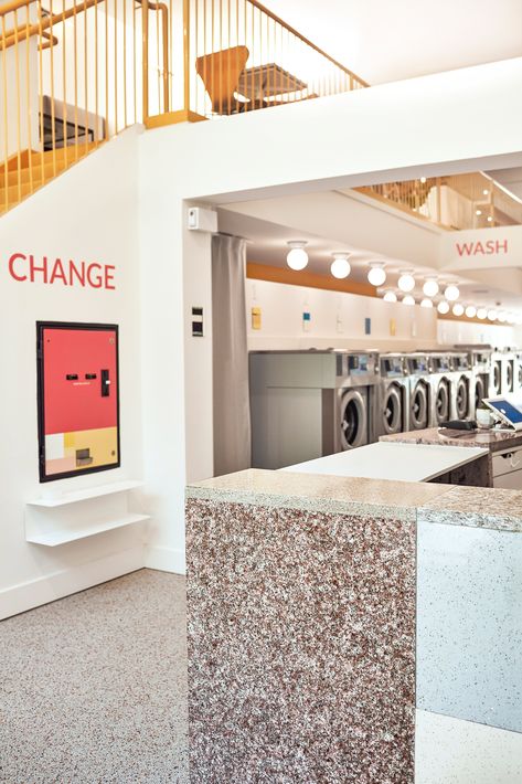 Self Laundry Shop Design, Coffee And Laundry Shop, Laundry Coffee Shop, Laundry And Coffee Shop, Self Laundry Shop, Laundry Shop Design Ideas, Laundromat Decor, Laundromat Design, Laundromat Business