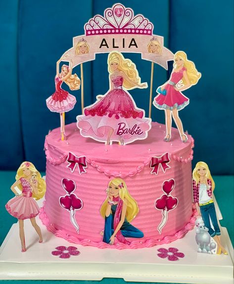 Barbie cake Barbie Cake Design Girl Birthday, Barbie Fondant Cake Design, Barbie Doll Cake Design Simple, Fondant Barbie Doll Cake, Barbie Sitting On Cake, Simple Character, Barbie Cake, Buttercream Cake, Cream Cake