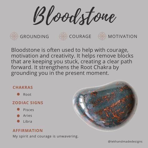 Learn all about Bloodstone - a stone of courage. African Bloodstone Meaning, Dragon Bloodstone Meaning, Dragons Blood Crystal Meaning, Bloodstone Aesthetic, Blood Stone Meaning, Blood Stone Crystals, Bloodstone Crystal Meaning, Lilith Cosplay, Bloodstone Meaning