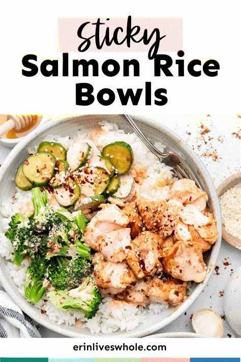 Sticky Salmon Rice Bowls - Erin Lives Whole Sticky Salmon Rice Bowls, Sticky Salmon, Healthy Lunch Prep, Erin Lives Whole, Dinner For Family, Sticky Sauce, Paleo Fish, Marinated Cucumbers, Low Fodmap Diet Recipes