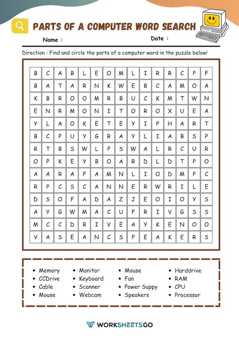 Parts Of A Computer Word Search Worksheet Computer Worksheets Grade 2, Computer Worksheet For Class 1, Computer Worksheet For Grade 4, Basic Parts Of Computer, Parts Of Computer, Parts Of Computer Worksheet, Computer Lab Design, Capitalization Worksheets, Evolution Of Technology