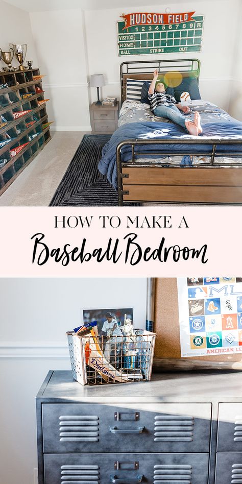 Baseball Bedroom Decor | boy bedroom decor ideas | baseball inspired home decor || JennyCookies.com #boybedroom #baseballdecor #kidsrooms #jennycookies Baseball Room Ideas For Boys, Baseball Bedroom Ideas, Boys Sports Bedroom Ideas, Baseball Boys Room, Vintage Baseball Room, Boys Baseball Bedroom, Kids Baseball Room, Baseball Bedroom Decor, Baseball Themed Bedroom