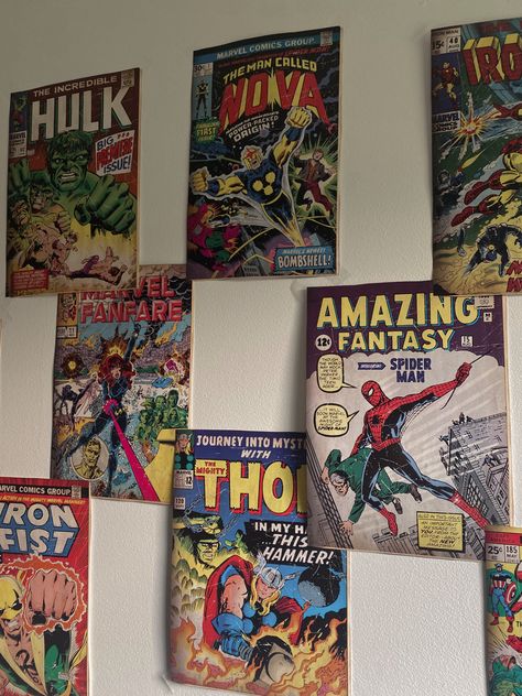 80s Nerd Aesthetic, 2025 Organization, Comic Book Wall Display, Nerd Room Aesthetic, Comic Themed Room, Comic Book Nursery, Comic Book Bedroom, Book Bedroom Aesthetic, 80’s Room