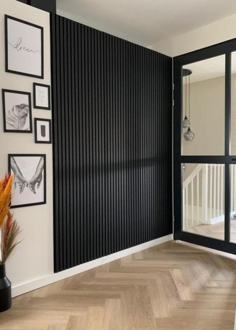 Black Panel Hallway, Black Wall Panelling, Black Panelled Wall, Black Wood Paneling, Black Panel Wall, Black Wall Paneling, Black Slat Wall, Living Room Panelling, Modern Entrance Door