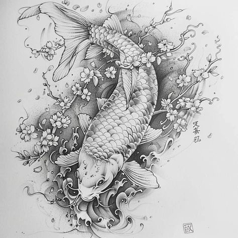 Koi Fish And Cherry Blossom Tattoo, Traditional Japanese Koi Fish Tattoo, Ocean Sleeve, Japanese Koi Fish Tattoo, Koi Tattoo Design, Japanese Koi Fish, Koi Tattoo, Koi Fish Tattoo, Fish Tattoo