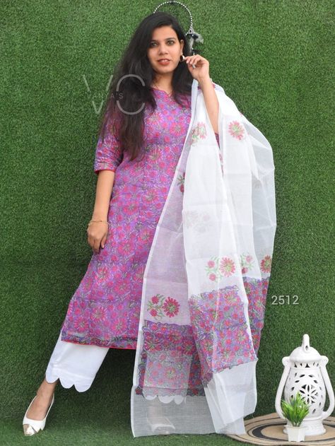 Wear our traditional pure Kota Doria this summer. Bring it from origin of kota. Kota Doria is light weight fabric hand woven perfect to wear .🌸🌸 Kota Doria hand block Kurti (inside cotton Lining) and Cotton Pant paired with matching pink colours hand block doria duppata *Pure vegetable Hand block colour* Kurti: 46-47" Sleeves 15" Dupatta 2.5mtr Pant: 38" *Size 36,38,40,42,44,46* *Price 1695 with ship* *Plus size also av 48,50,52* *10 charges extra* Hand care wash or dry clean. No s Kota Doriya Suit Designs, Dress Material Designs, Plazo Pants, Block Colour, Dresses Design, Suits Design, Hand Care, Suit Designs, Kurta Designs