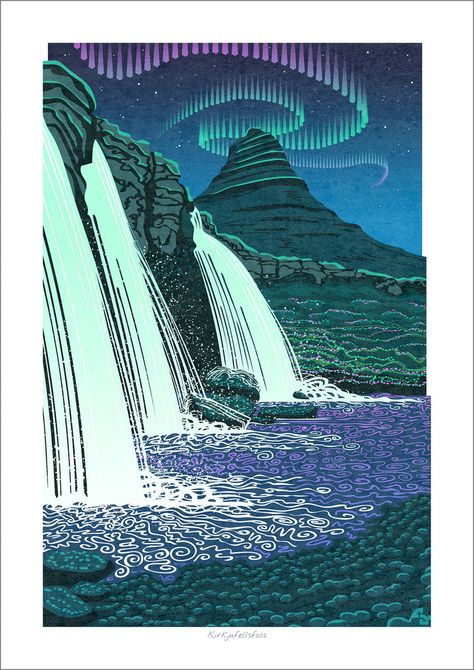 Iceland Poster, Iceland Aurora, Aurora Northern Lights, Gower Peninsula, Waterfall Wall Art, Best Places In The World, Landscape Art Prints, Iceland Waterfalls, Waterfall Wall