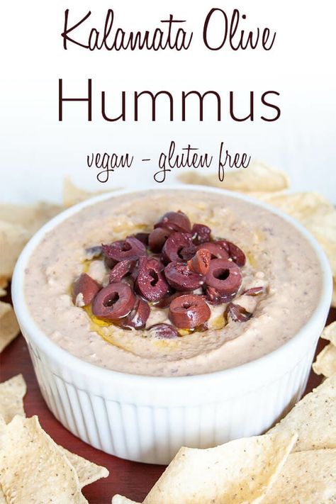 This Kalamata Olive Hummus is smooth and creamy like plain hummus, but with a wonderful salty briny flavor. Add it to a sandwich or crackers. Kalamata Olive Hummus, Olive Hummus, Processor Recipes, Vegan Dips, Gluten Free Brands, Best Appetizer Recipes, Vegan Hummus, Finger Foods Easy, Vegan Sauces