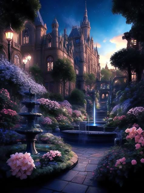 Royal Garden Fantasy Art, Fantasy Realms Aesthetic, Fantasy University, Fantasy Academy, Mystical Kingdom, Fantasy Palace, Flower Kingdom, Castle Exterior, Moon Kingdom