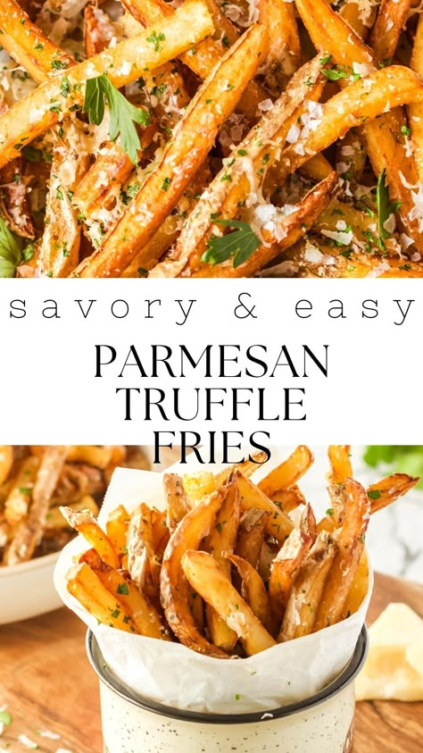 Indulge in the perfect harmony of flavors with this Parmesan Truffle Fries recipe! Crispy, truffle-infused fries topped with Parmesan, parsley, and a dash of sea salt. Elevate your snacking experience—perfect for summer BBQs or game nights. Truffle Parmesan Fries, Truffle Fries Recipe, Parmesan Truffle Fries, Garlic Parmesan Fries, Parmesan Fries, Easy Pulled Pork, Homemade Truffles, French Fries Recipe, Truffle Fries