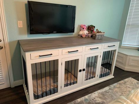 15+ Fantastic DIY Wooden Dog Kennel Plans [FREE] - MyMyDIY | Inspiring DIY Projects Tv Stand Dog Kennel, Dog Crate Tv Stand, Kennel Tv Stand, Tv Stand Diy, Double Dog Kennel, Crate Tv Stand, Tv Stand Plans, Pallet Deck Diy, Double Dog Crate