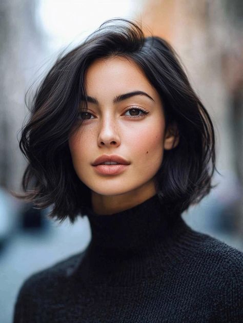 Stylish and Manageable Bob Haircuts for Thick Hair Thick Bob Haircut Short, Bob For Coarse Thick Hair, Mid Bobs For Fine Hair, Short Bob Volume Hair, Bob Balayage Brunette Dark, Bob Haircuts For Women Brunette, Short Hair With Movement, Sleek Black Bob, 1 Length Bob