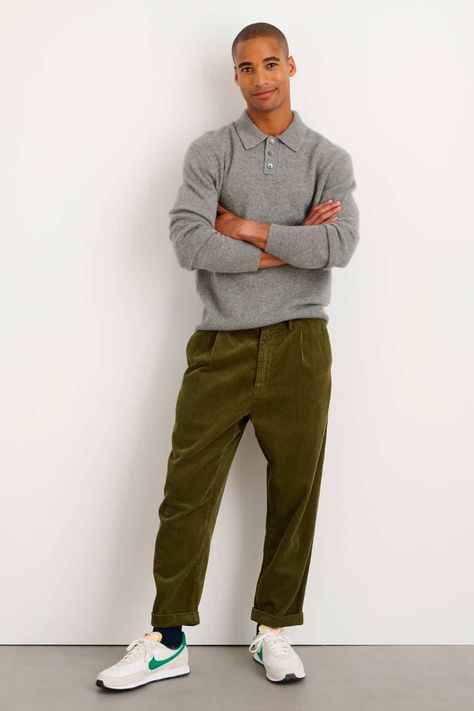 Running Sneakers Outfit, Green Khaki Pants, Corduroy Pants Outfit, Green Chino Pants, Green Corduroy Pants, Pleated Pant, Knit Polo Shirt, Pants Outfit Men, Safari Shirt