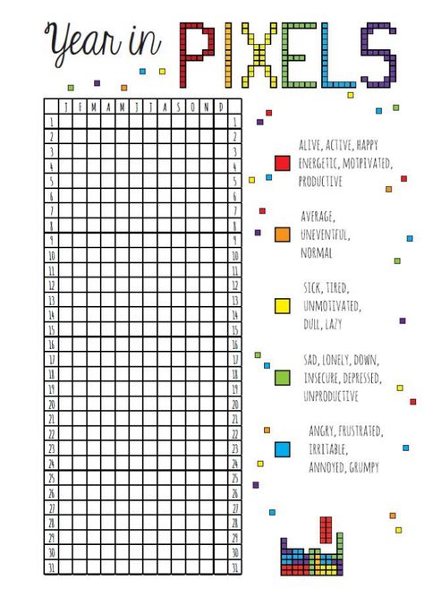 Year In Pixels Printable, Positive Colors, Craft Organization Diy, Year In Pixels, Blue Prints, Free Planner, Bullet Journal Inspo, Journal Doodles, Mood Tracker