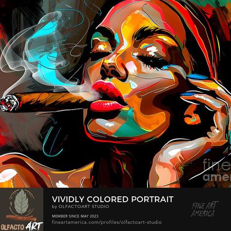 Vividly Colored Portrait of Woman Holding Cigar with Swirling Smoke - AI-Generated Art #supportartists #artistsoninstagram #cigar #cigaraficionada #cigaraficionado #femmefatale #whiskey #whiskeyart #whiskylover #cigars #art #artoftheday #abstractart #cubism #fauvism #cigarartwork #cigarlifestyle #cigarart #cigarpassion #cigarslovers #habanos #cuba #cigarsociety #fineartamerica #redbubble #zazzle Photo Shoot With Cigars, Women And Cigars, Women Cigars Classy, Cuban Cigars Art, Women Cigars Photography, Cigars And Women, Portrait Of Woman, Bear Artwork, Havana Nights