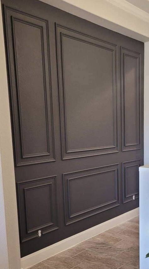 Panel Wall Color Ideas, French Panelling Walls Living Room, Millwork And Wallpaper, Paneled Office Walls, Small Wall Space Decor Ideas, Office Panelling Design, Study Panelling, Wood Molding On Walls, Full Wall Panelling