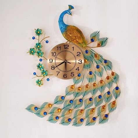 KINBEDY Large Luxury Crystal Bohemian Peacock Style 31"X 20" Metal Rustic Wall Clock with Silent Movement 10” Metal Dial Large Sunburst Big Fancy Huge Wall Clock, Office Wall Clock, Decorative Clock, Big Wall Clocks, Bathroom Clock, Rustic Wall Clock, Rustic Wall Clocks, Diy Clock Wall, Metal Clock