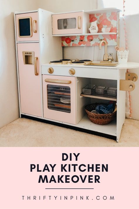 DIY Play Kitchen Makeover — Thrifty in Pink Diy Toy Kitchen Makeover, Painted Play Kitchen, Wooden Play Kitchen Makeover, Play Kitchen Set Up Ideas, Melissa And Doug Kitchen Makeover, Toy Kitchen Diy, Diy Toddler Kitchen, Toy Kitchen Makeover, Kidkraft Kitchen Makeover