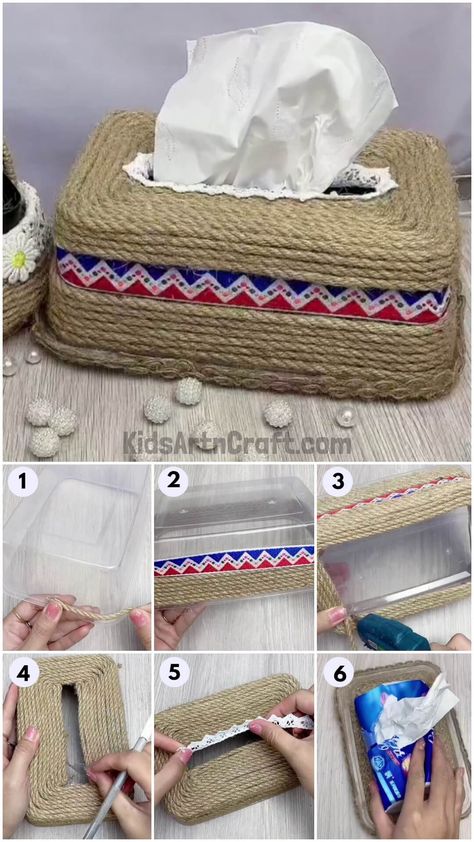 Jute Thread Decoration Tissue Box Craft Step by Step Tutorial Check more at https://www.kidsartncraft.com/jute-tissue-box-craft-tutorial/ Tissue Box Hacks, Tissue Box Diy, Tissue Box Design, Thread Decoration, Box Covers Diy, Diy Tissue Box Cover, Tissue Box Crafts, Recycle Craft Projects, Car Tissue Holder