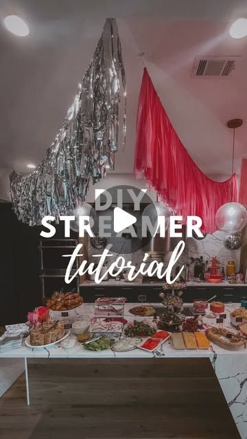 Mae Lutz on Instagram: "Making this streamer for $4! I made several of these streamers for my daughters first birthday and hung them from the ceiling and they made a huge impact! Did you know you could make streamers from tablecloths?" Streamers Across Ceiling, How To Make Streamers, Ceiling Decoration Ideas For Party, Diy Birthday Decorations For Kids, Paper Streamer Ideas, How To Decorate With Streamers, Ceiling Fringe, Ceiling Decoration Ideas, Homemade Birthday Decorations