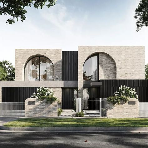 Modern Townhouse Designs Exterior, Brick Archway Exterior, Arch Facade Design, Villa Facade Design Modern, Duplex Exterior Design, Contemporary Facade Design, Modern Villa Elevation, Modern Classic House Exterior, Bohemian Exterior