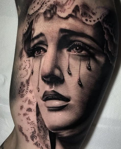 Tattoo Ideas Summer, Dark Tattoo Designs, Dark Tattoo Ideas, Mother Mary Tattoos, Gotik Tattoo, Shadow Tattoo, Virgin Mary Tattoo, Mary Tattoo, Realistic Tattoo Sleeve