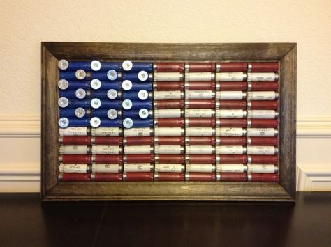 Weekend Project: US flag made out of shotgun shells. **Pics**. **Updated 7/14** - AR15.COM Shotgun Shell Crafts, Bullet Crafts, American Flag Decor, Bullet Shell, Shotgun Shell, Rustic Frames, Flag Decor, Shell Art, Shell Crafts