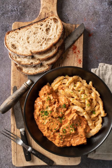 Vegan Hungarian Tofu Paprikash - Planted and Picked Vegan Chicken Paprikash, Tofu Paprikash, Vegan Hungarian, Hungarian Paprikash Vegetarian, Vegetarian Paprikash, Vegetarian Hungarian Recipes, Hungarian Recipes Vegetarian, Aesthetic Food Vegan, Vegan European Recipes