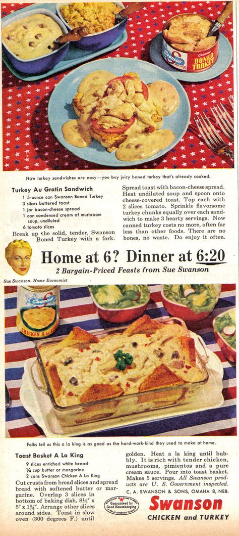 1950 Food, Vintage Food Ads, 70s Food, 1950s Food, Chicken A La King, Promoting Products, Gross Food, Turkey Cheese, Canned Meat