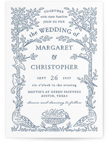 This letterpress wedding invitation features a whimsical woodland setting. Reception Party Invitations, Old Wedding Invitations, Homemade Wedding Invites, Lino Print Wedding Invitations, Wedding Invitations Letterpress, Linocut Wedding, Fantasy Wedding Invitations, Tree Wedding Invite, Wedding Invitations Illustration