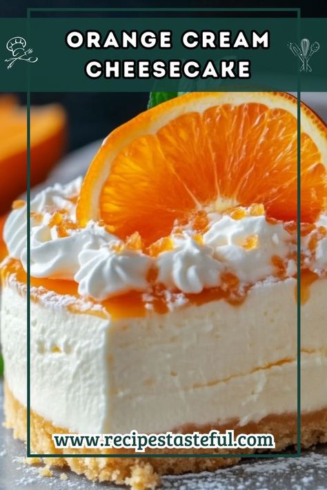 This refreshing Orange Cream Cheesecake features a creamy filling with a hint of citrus, topped with a luscious orange marmalade layer. Perfect for any occasion, it's a delightful dessert that will impress your family and friends. Orange Cheesecake Recipes, Orange Cheesecake, Cream Cheesecake, Sugar Pie, Vanilla Whipped Cream, Orange Marmalade, Cheesecake Recipe, First Bite, Graham Cracker Crumbs