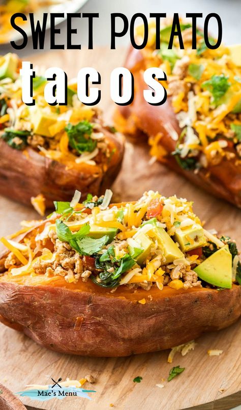 Sweet potato tacos are like stuffed sweet potatoes, but so much better! With a ground turkey meat seasoned with an easy homemade taco seasoning, these sweet potato tacos are perfect for meal prep this week! Turkey Burger Sweet Potato Recipes, Sweet Potato Tacos Bowls, Ground Turkey Recipes Sweet Potato, Sweet Potato Tacos Recipes, Taco Stuffed Sweet Potato, Best Taco Meat Recipe, Ground Turkey Taco Recipes, Turkey Tacos Recipes, Stuffed Sweet Potato